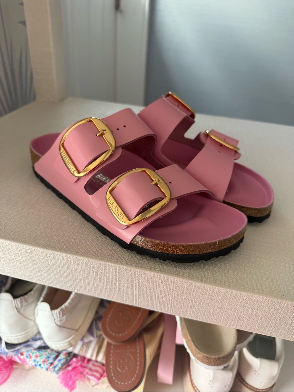 Pink Double-Buckle Slide Sandals Arizona Big Buckle Shiny